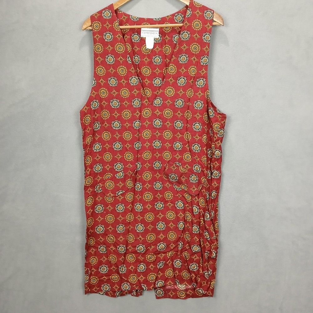 Ed Michaels Jumper Womens 11-12 Petites Red Geometric Acetate V Neck Back Slit